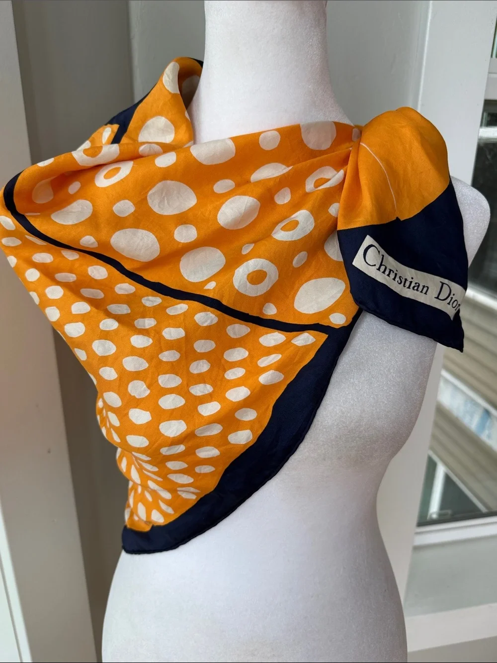 Christian Dior Orange White Navy Blue Polka Dot Silk Scarf 30” Sq